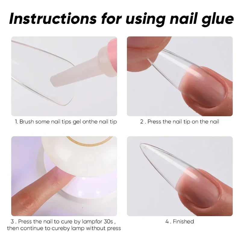 Step-by-step instructions for using nail glue with images of hands applying and curing nail tips.