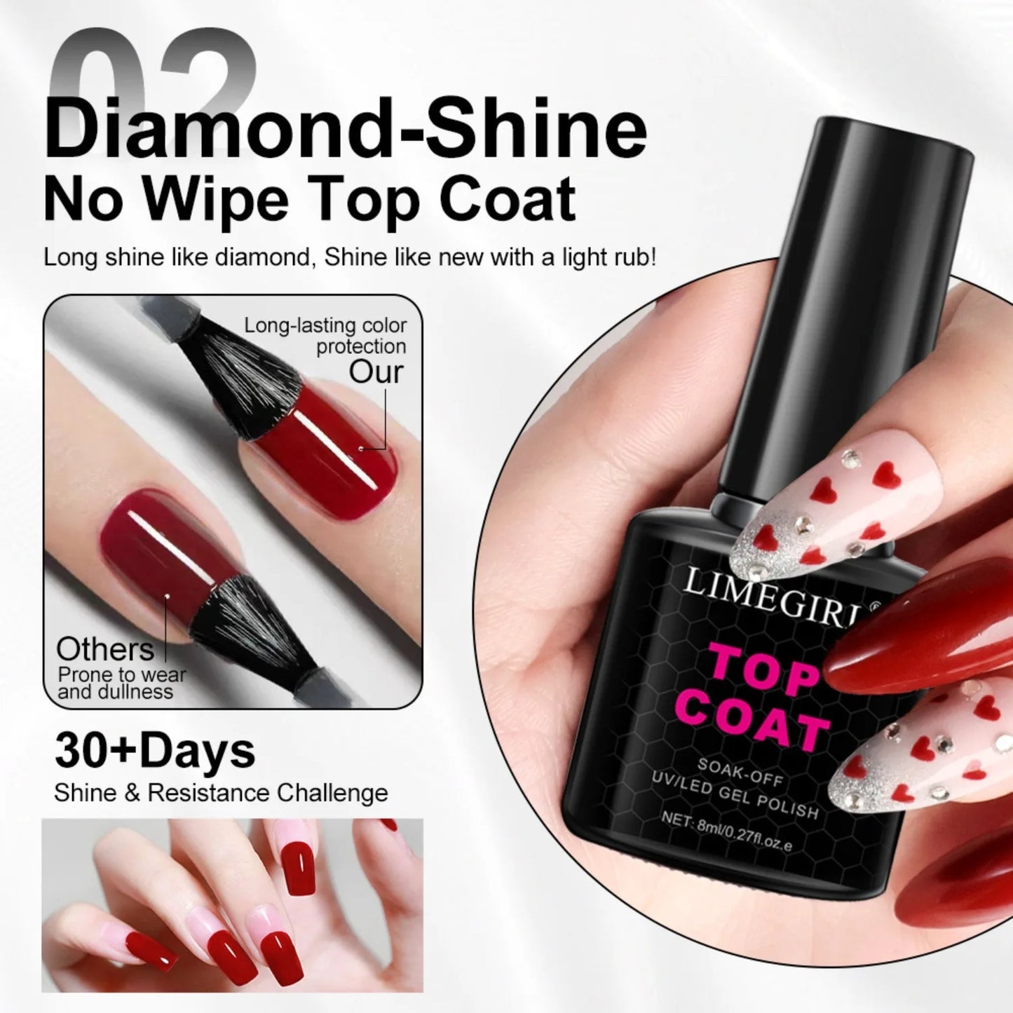LIMEGIRL Diamond-Shine No Wipe Top Coat with nail application and product details.