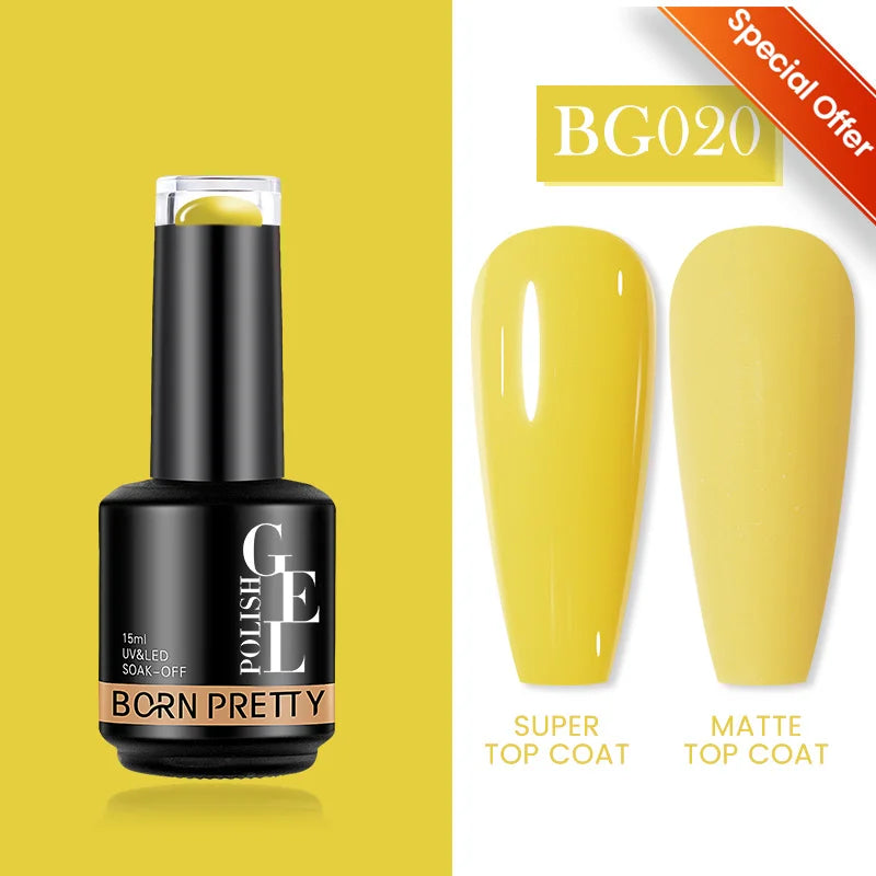 Born Pretty gel polish bottle with yellow nails showing top coats on a yellow and white background