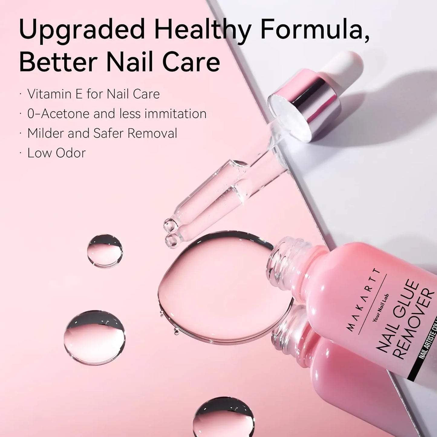 Makartt nail glue remover bottle with text on a pink background