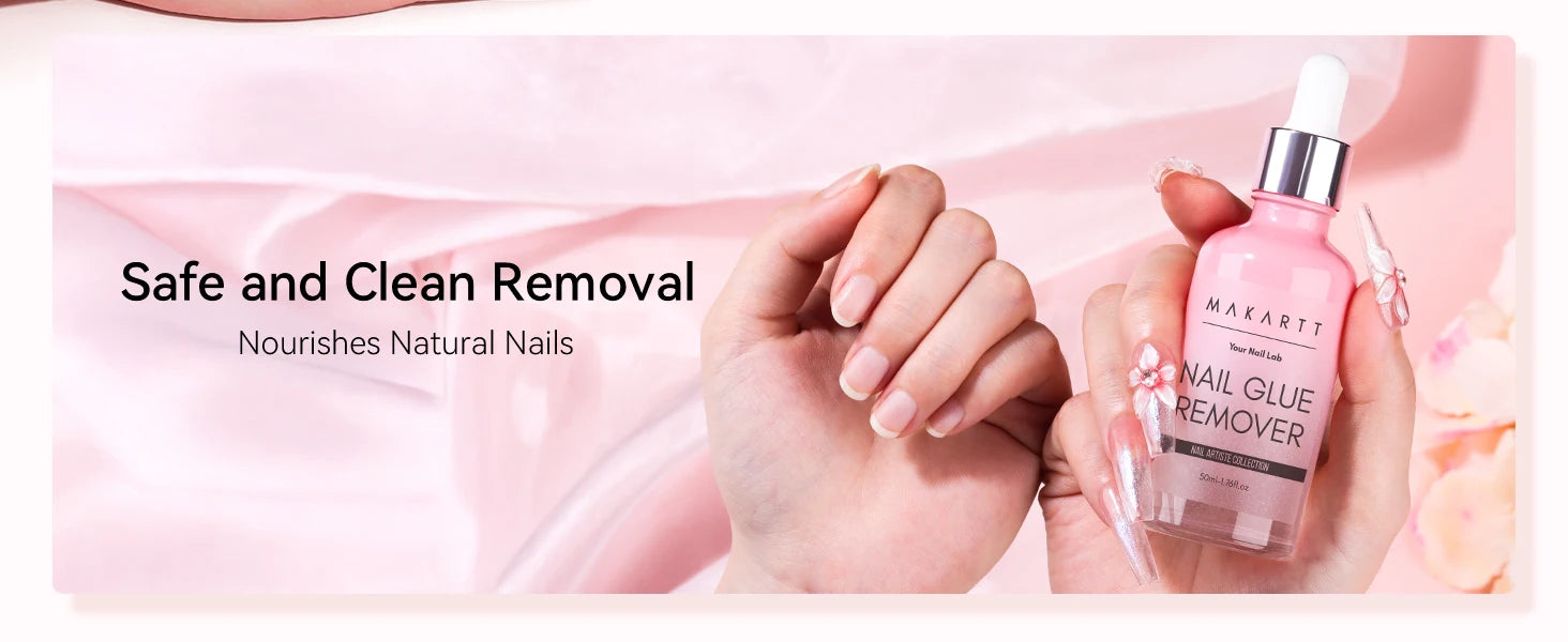 Nail glue remover bottle with text 'Safe and Clean Removal Nourishes Natural Nails' on a pink background