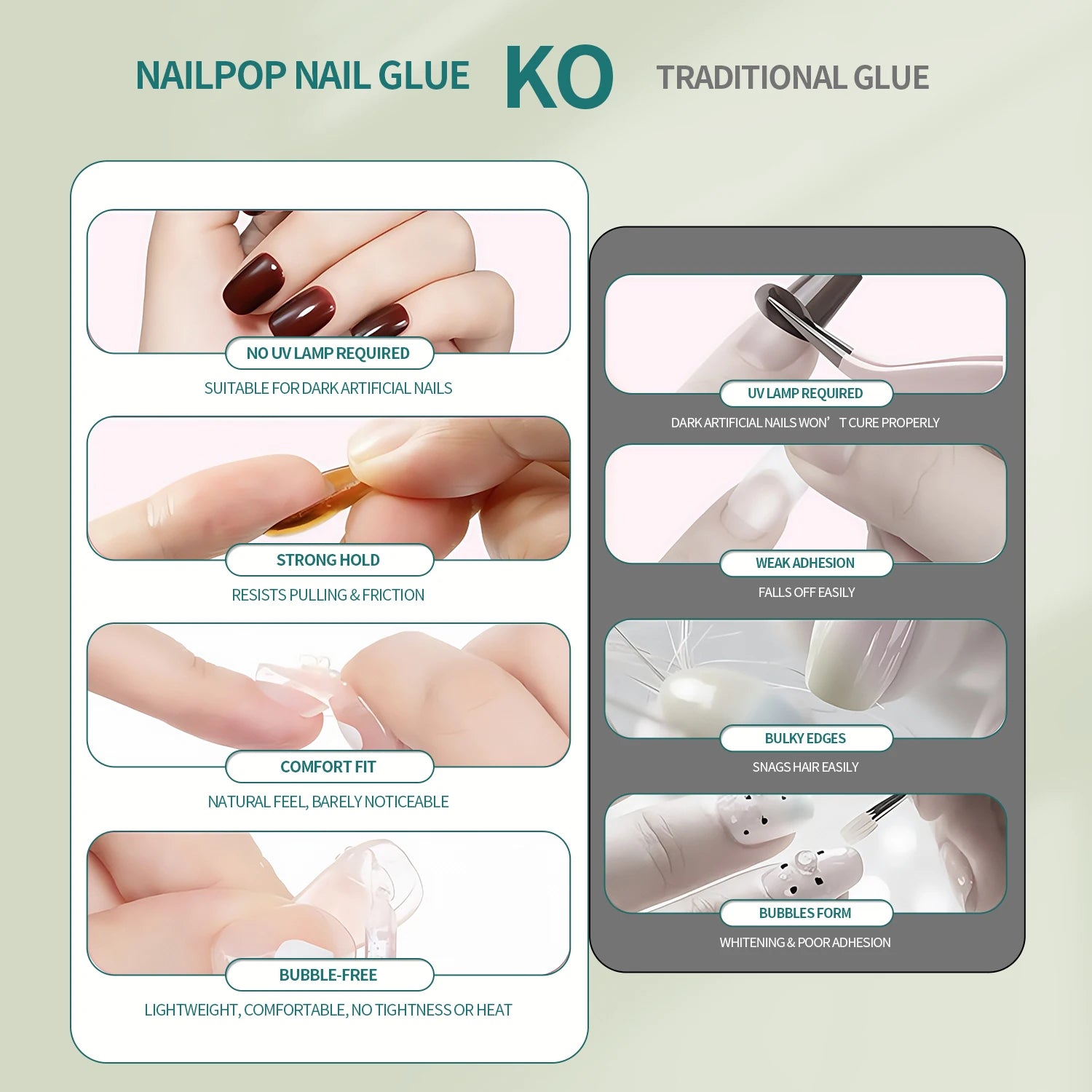 Comparison chart of Nailpop Nail Glue KO and traditional glue on a light green background.