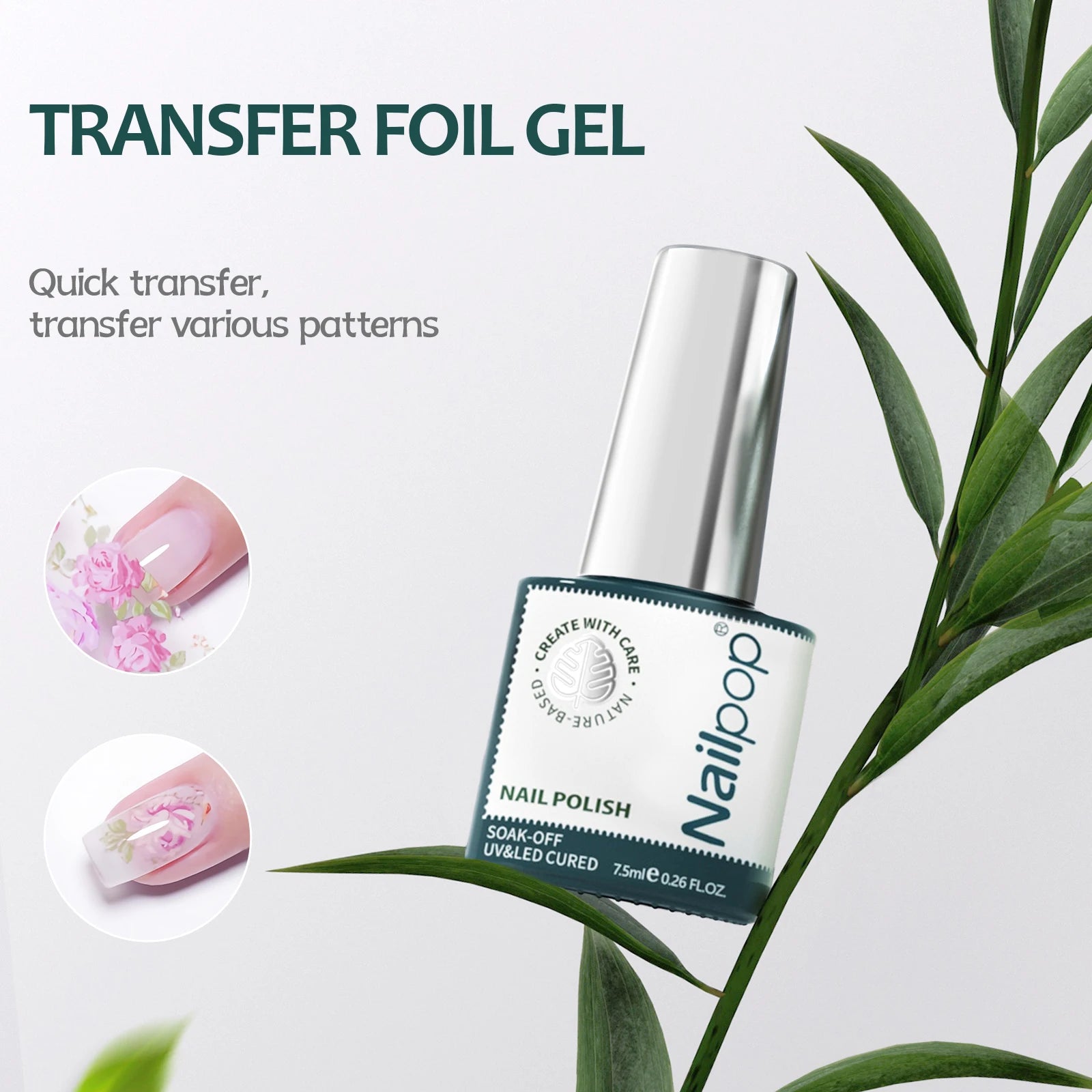 Nail polish bottle with green leaves in the background