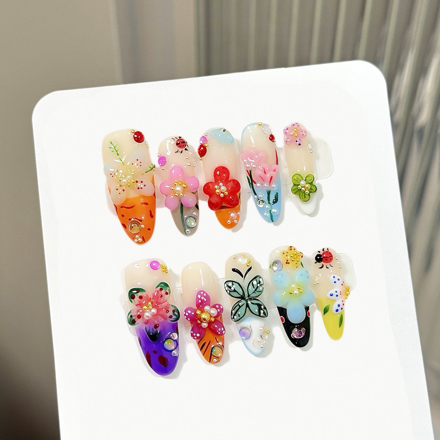 French Style 3D Floral Insect Carved Press On Nails