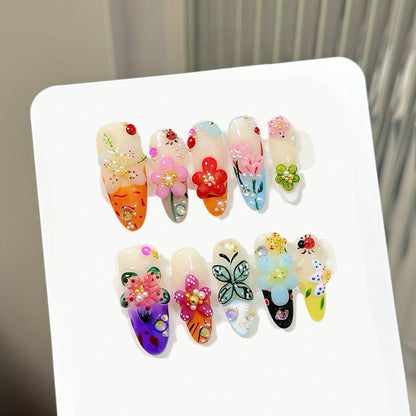 French Style 3D Floral Insect Carved Press On Nails