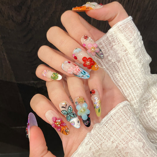 French Style 3D Floral Insect Carved Press On Nails